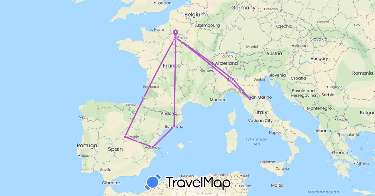 TravelMap itinerary: driving, train in Spain, France, Italy (Europe)